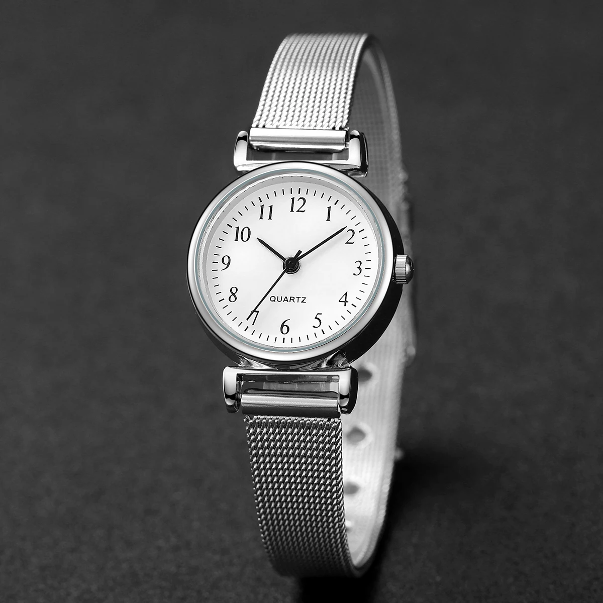 2PCS Fashion Arabic Dial Women Quartz Watch Steel Mesh Band Watches Opening Cuff Bracelet Bangle Set（Without Box） 5