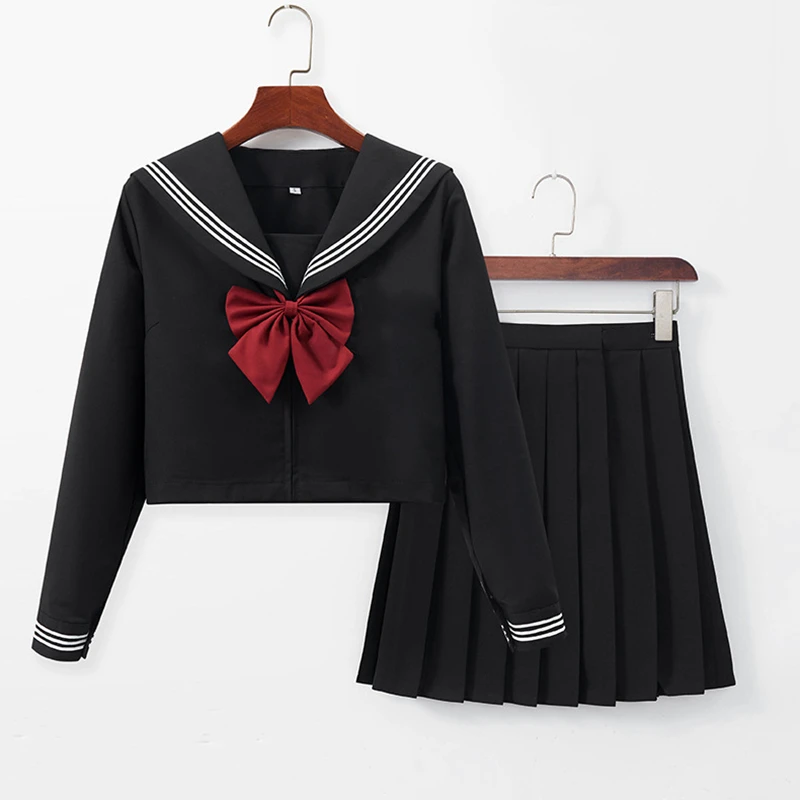 Japanese School Uniform Girls Jk Suit Red Tie Black Three Basic Sailor Uniform Women Long Sleeve Suit Plus Size