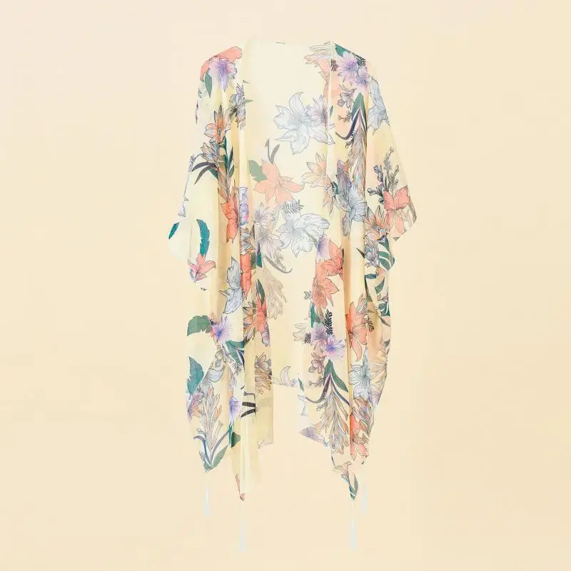 2023 여성 대형 비키니 수영복, 하이웨이스트 수영복, 플러스 사이즈 수영복 제안 8 여성용 꽃무늬 프린트 보호 해변 수영복, 여름 커버 업 가디건, 홀리데이 비키니 커버 업 태슬, 얇은 하와이 휴양지 기모노