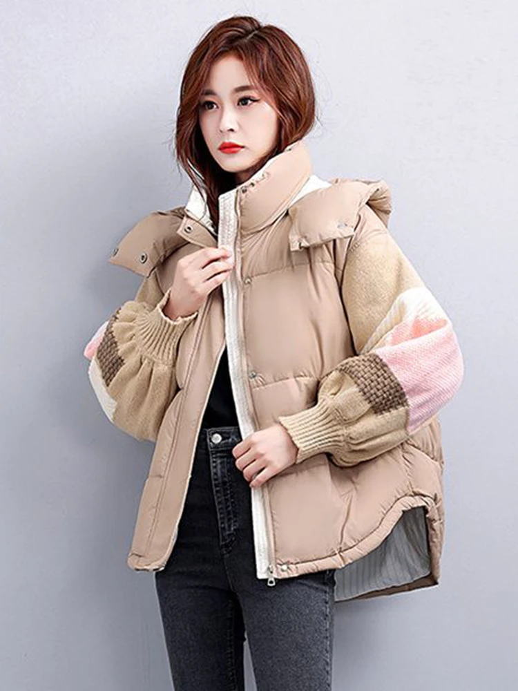 

2023 Winter New White Cotton Padded Parka Spliced Solid Hooded Short Coat Streetwear Loose Knitted Long Sleeve Outerwear