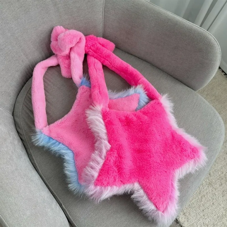 Lovely 1 Pcs New Plush Bag Five-pointed Star Fur Wool Shoulder Bag Women Autumn And Winter Girl Ins Design Casual Messenger Bag