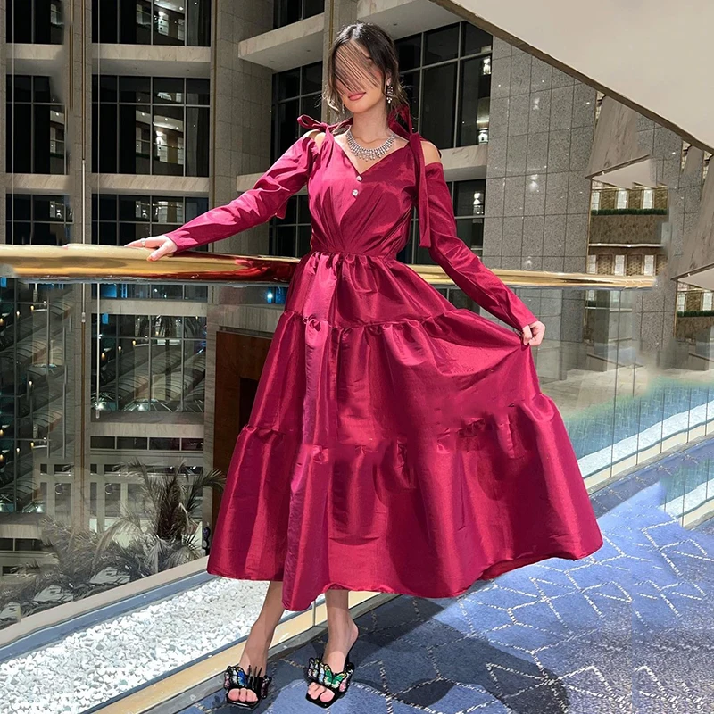 

UZN New Arrive A-Line Evening Dresses V-Neck Long Sleeves Party Dress Ankle-Length Saudi Arabia Party Gowns Custom Size