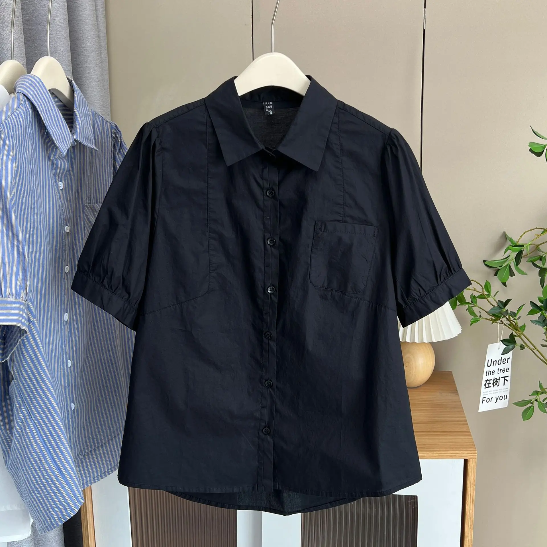 Summer New Plus Size Blouses Women's Wear 100KG Casual Single Pocket Puff Sleeve Washed Cotton Shirt 2517