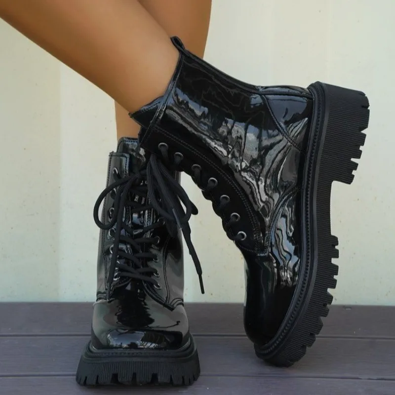 

Женские ботинки на шнуровке, однотонные полусапожки с круглым носком, на среднем каблуке, осень 2023