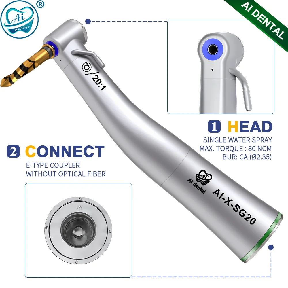 

AI-X-SG20 Non-Optic 20:1 Reduction Dental Surgical Implant Handpiece External and Internal Cooling Max Torque : 80 Ncm