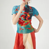 Vintage Fish Print American Folds Tees Summer Camisetas Irregular Slim Waist Tops Turtleneck Y2k Women Tshirts - Image 4