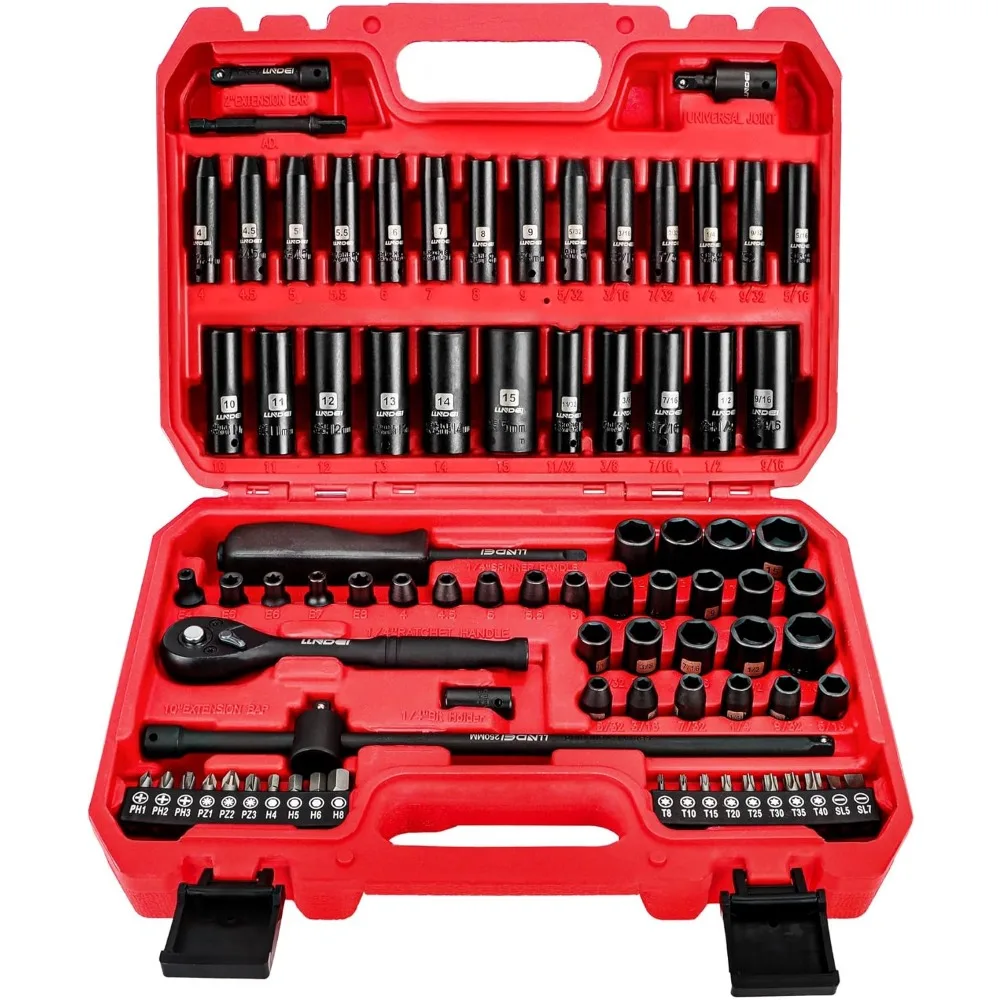 

LLNDEI 1/4 inch Drive Impact Socket Set 83 Piece,Standard SAE(5/32-9/16 inch) Metric Size(4-15mm),72T Ratchet Wrench