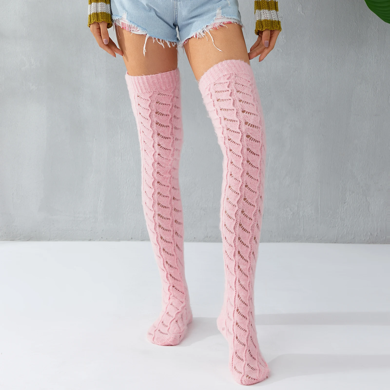 New Fashion Womens Winter Thigh High Socks Solid Color Knit Stockings