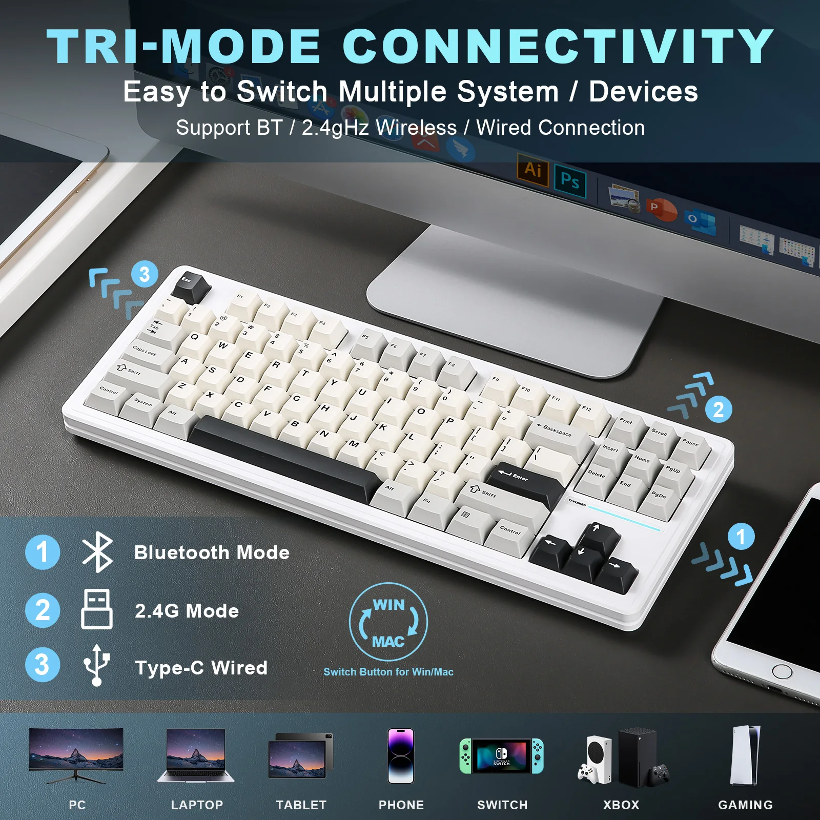 YUNZII YZ87 White TKL 75% 87 tasti guarnizione tastiera da gioco meccanica intercambiabile a caldo Wireless con retroilluminazione BT5.0/2.4G/USB-C NKRO RGB