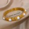 Imitation Pearls Elasticity Bracelets Stainless Steel Elastic Scalable Bangles for Women Cuff Wristband Waterproof Jewelry 6