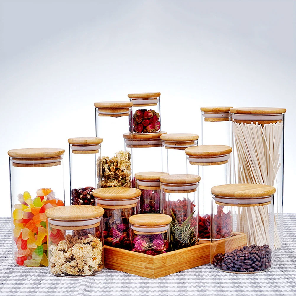 Transparent Airtight Food Storage Jars with bamboo Lids For Kitchen Pantry Organization and Seasoning Storage storage jar
