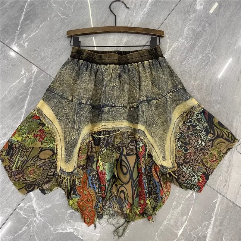 

Summer European Vintage Printed Skirt Distressed Washed Denim Overskirt Women's Floral Patchwork Chiffon Stretch Waist Culottes