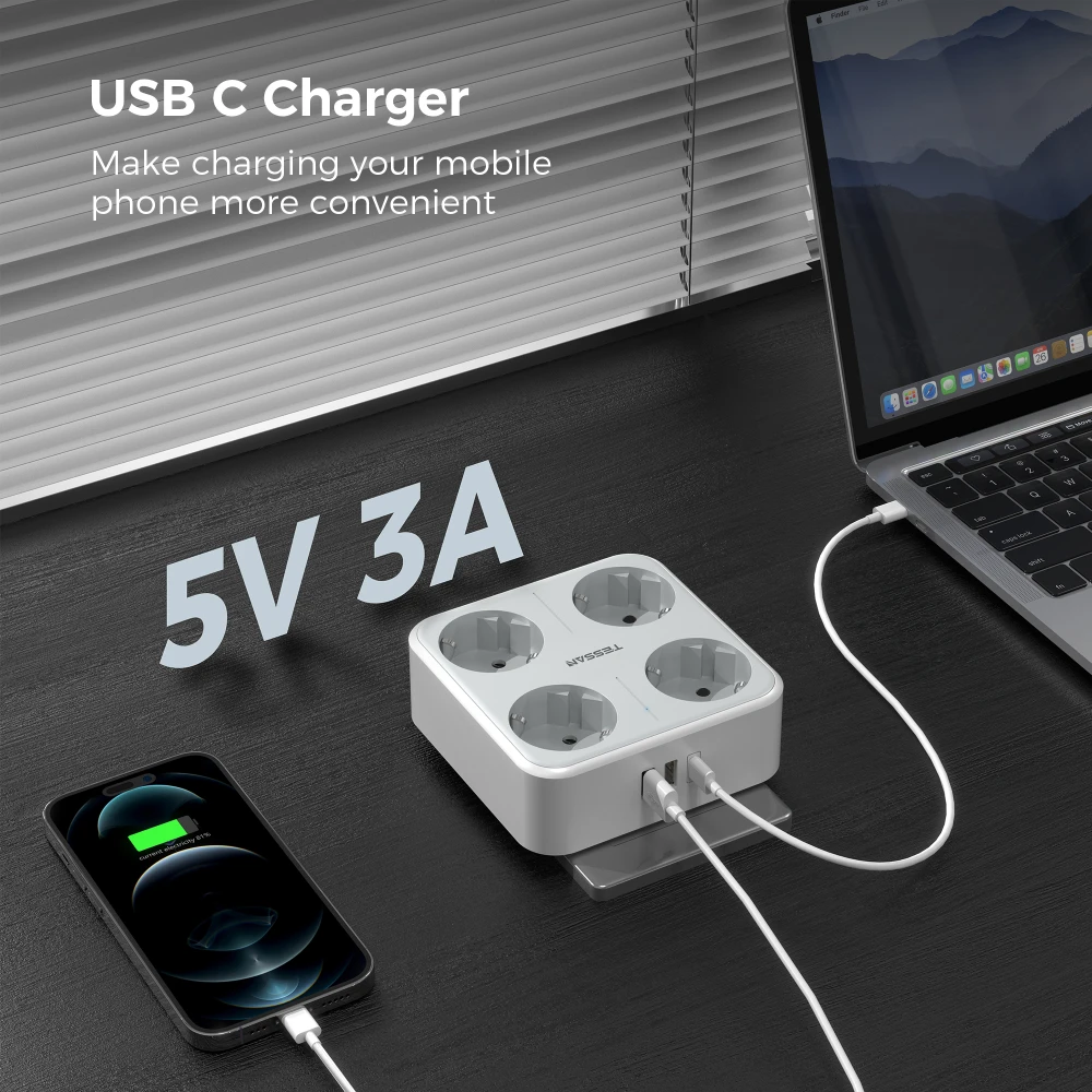 TESSAN Multiple Wall Socket Extender 4 Outlets 2 USB 1 Type C 7 In 1 Plug Socket with Switch Overload Protection