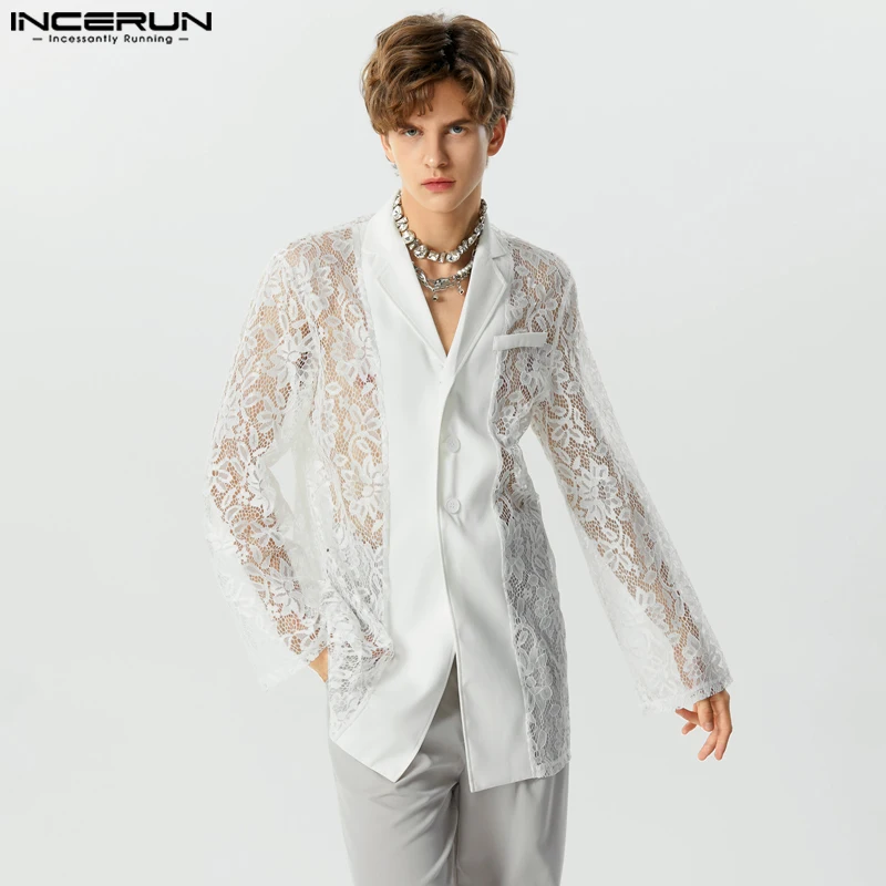 

Handsome Well Fitting Tops INCERUN Fashion Men Solid Patchwork Lace Design Shirts Casual Hot Sale Thin Long Sleeved Blouse S-5XL