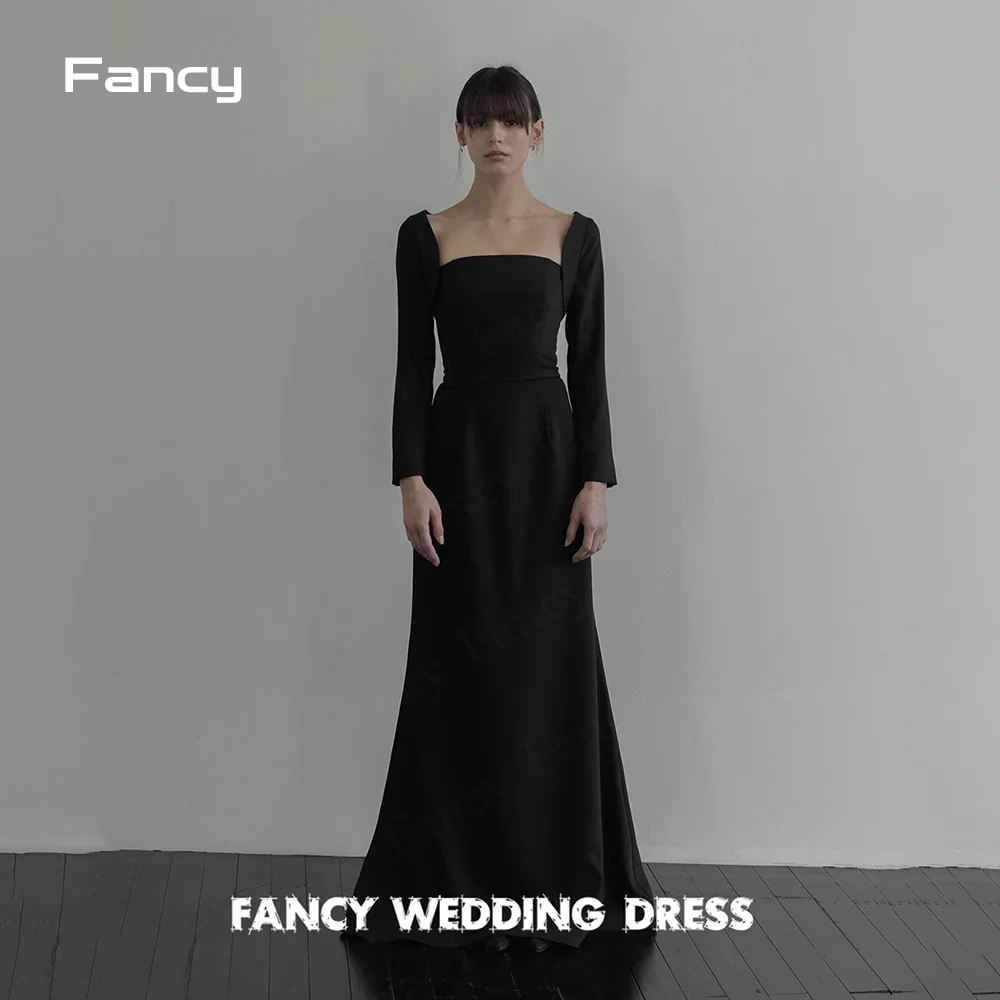 

Fancy Simple Black Square Neck Wedding Dress Korea Photo Shoot A Line Long Sleeve Prom Gown Floor Length Back Corset