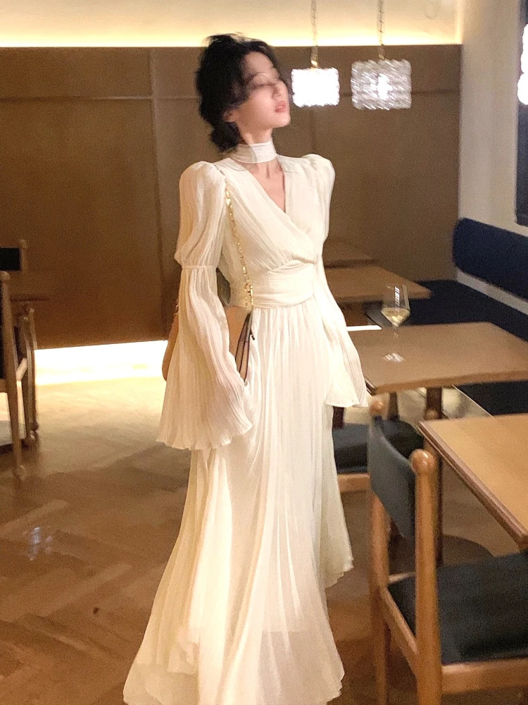 

2023 Spring Elegant V-Neck Midi Dress Office Lady Long Sleeve Casual One Piece Korean French Vintage Chiffon Dress for Women