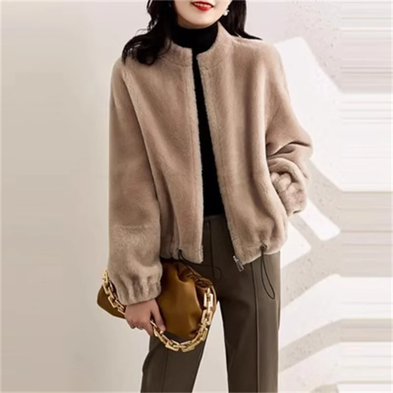

Fur-integrated Stand-up Collar Jacket Top Female 2023 New Autumn Winter Clothes Lmitation Rabbit Mink Fluffy Loose Short Coat