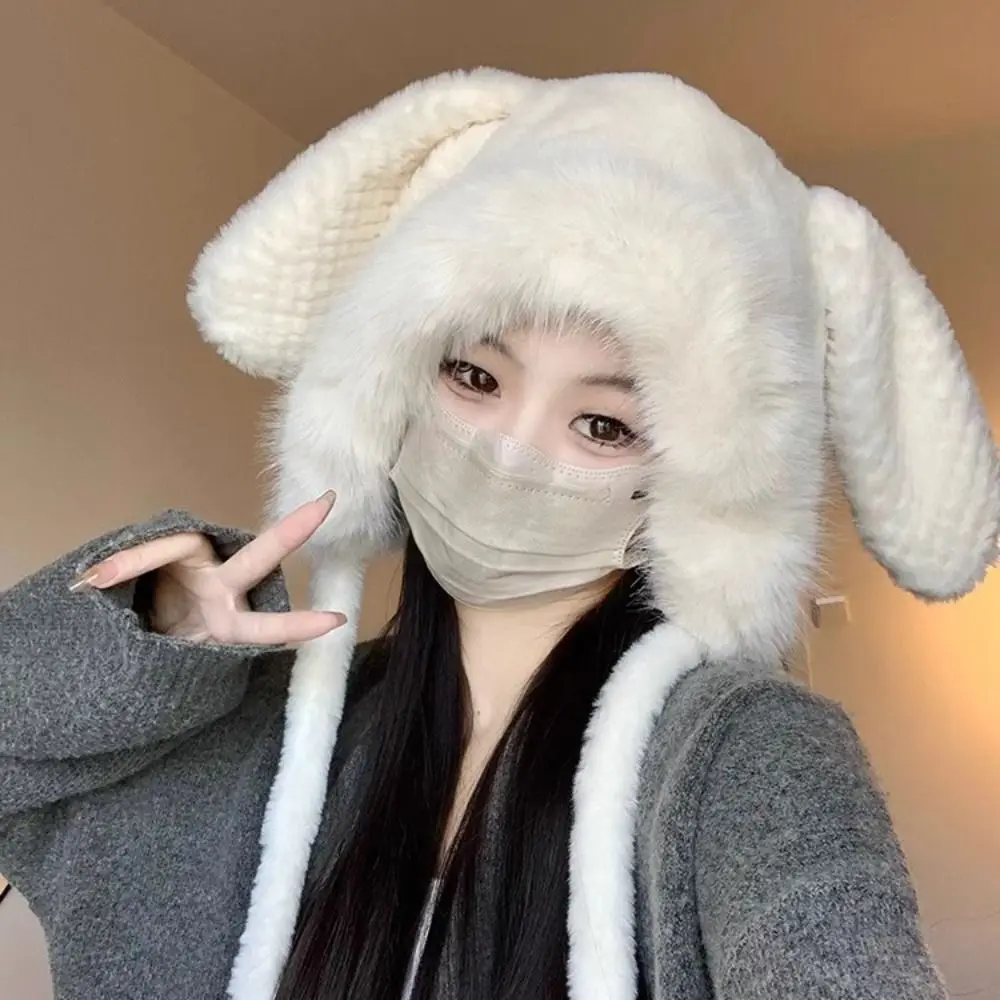 

Warm Big Rabbit Ears Hat New Cute Wool Bucket Hat Winter Soft Plush Ear Protection Hat Women
