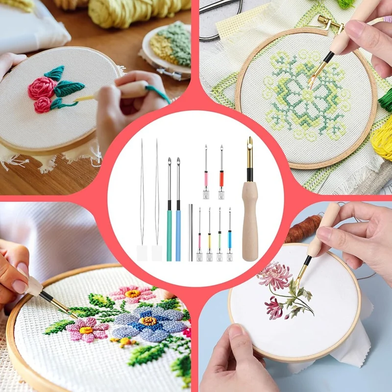 12 Pieces Punch Needle Set, Embroidery Wooden Handle Punch Needle Tools, Suitable For Adult Beginners, DIY Craft