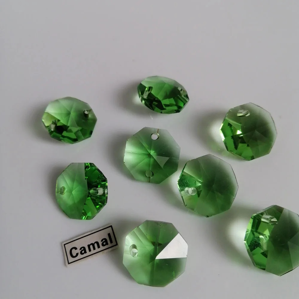 Camal 20pcs Apple Green 14mm 1/2Holes Crystal Octagonal Loose Beads Prisms Chandelier Lighting Lamp Parts Curtains Wedding Decor