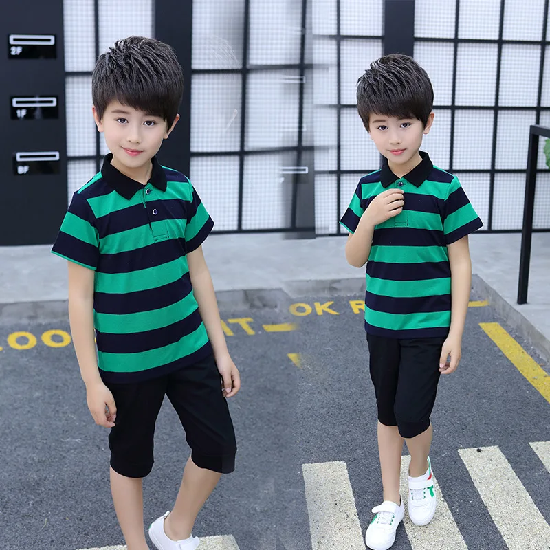 

Free Shipping Children's Clothing Summer New 2023 Cotton Striped Lapel T-shirt Top Girls Baby Boys Shorts Sleeve T-shirt 3-14Y
