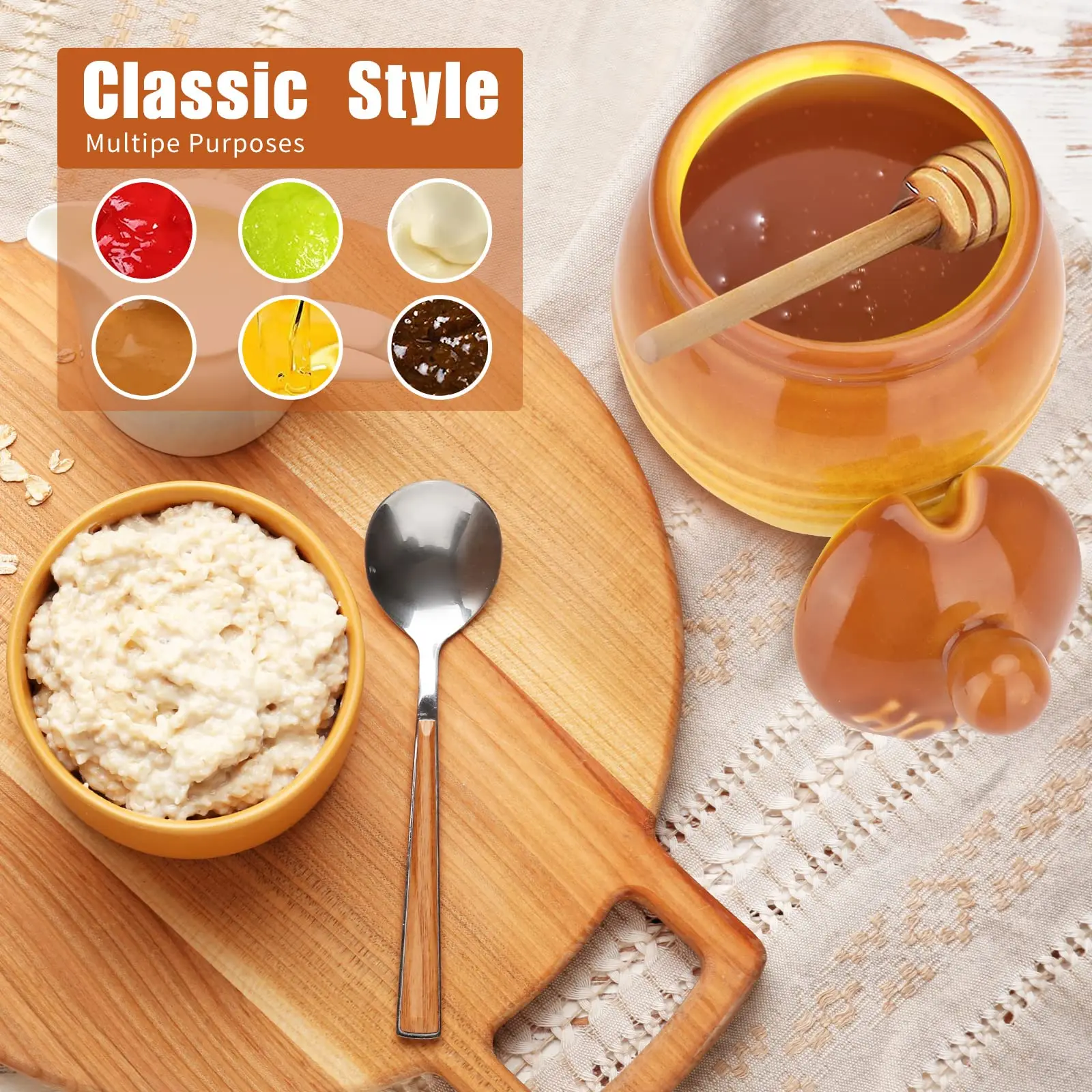 Glass Honey Jars Cute Ceramic Honey Jar With Lid and Dipper for Storage Honey Syrup Container 16 oz Pot Kitchen Accessories Dispenser
