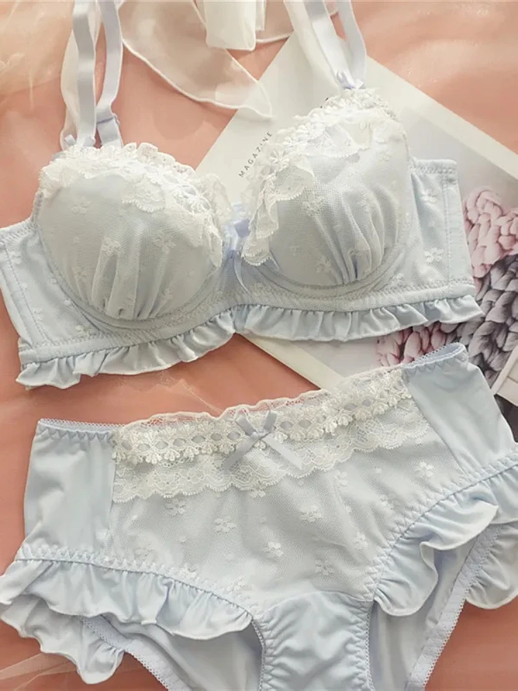 

Japanese Kawaii Lolita Lingerie Blue Push Up Bra And Panty Set For Women Girls Sweet Cute Plus Size Sets 32 34 36 38 40 C D E Bh