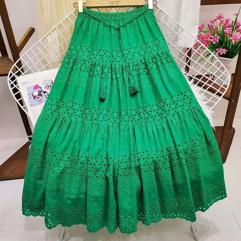 

Crochet Midi Long Skirt Women 2023 Summer Korean Fashion Lace Hollow Out Belt High Waist Skirt Female Green Purple P430