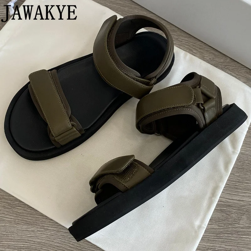 

Summer Ladies Beach Sandals Flat Platform Sandals Hook & Loop Army Green Nylon Band Outdoor Leisure Vacation Roman Shoes