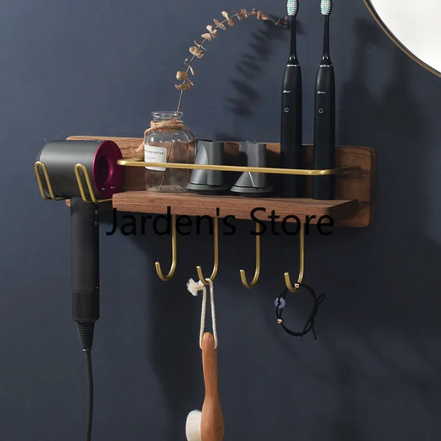 Bathroom cosmetics storage rack wood Hair dryer and cosmetics shelf Bathroom accessories Towel rack metal Bathroom Shelves