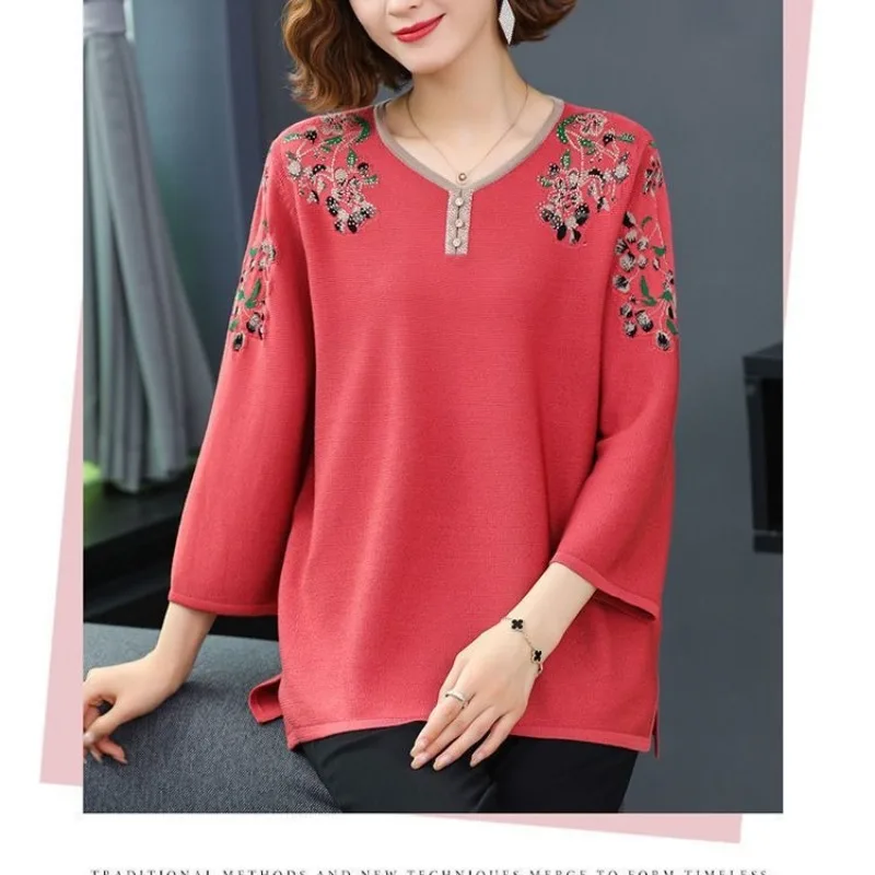 

Women's Pullover Round Neck Bottom T-shirt Spring Autumn New Fashion Commute 3/4 Sleeve Embroidered Diamonds Loose Knitted Tops