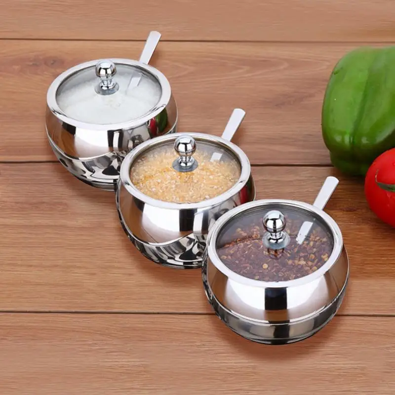 

Seasoning Tank Household Thicker Stainless Steel Tank Coffee Jam Lid Salt Spoon Bowl Sugar Box Kitchen Cooking Tool Good Quality