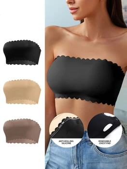 Hot Sale New Design Effective Slip-proof Scallop Side One Piece Bralette Padded Ice Silk Seamless Strapless Bra For Women 1