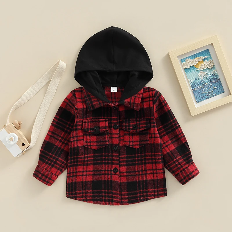 FOCUSNORM 1-6Y Fashion Kids Boys Autumn Jacket Outwear Hooded Single-Breasted Plaid Printed Long Sleeve Shirts