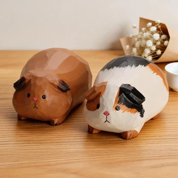 Hand Carved Decorative Wooden Guinea Pig Figurine Sculpture Cute Cavy Statue Ornament Shelf Home Desk Office Pet Decor Gift 1
