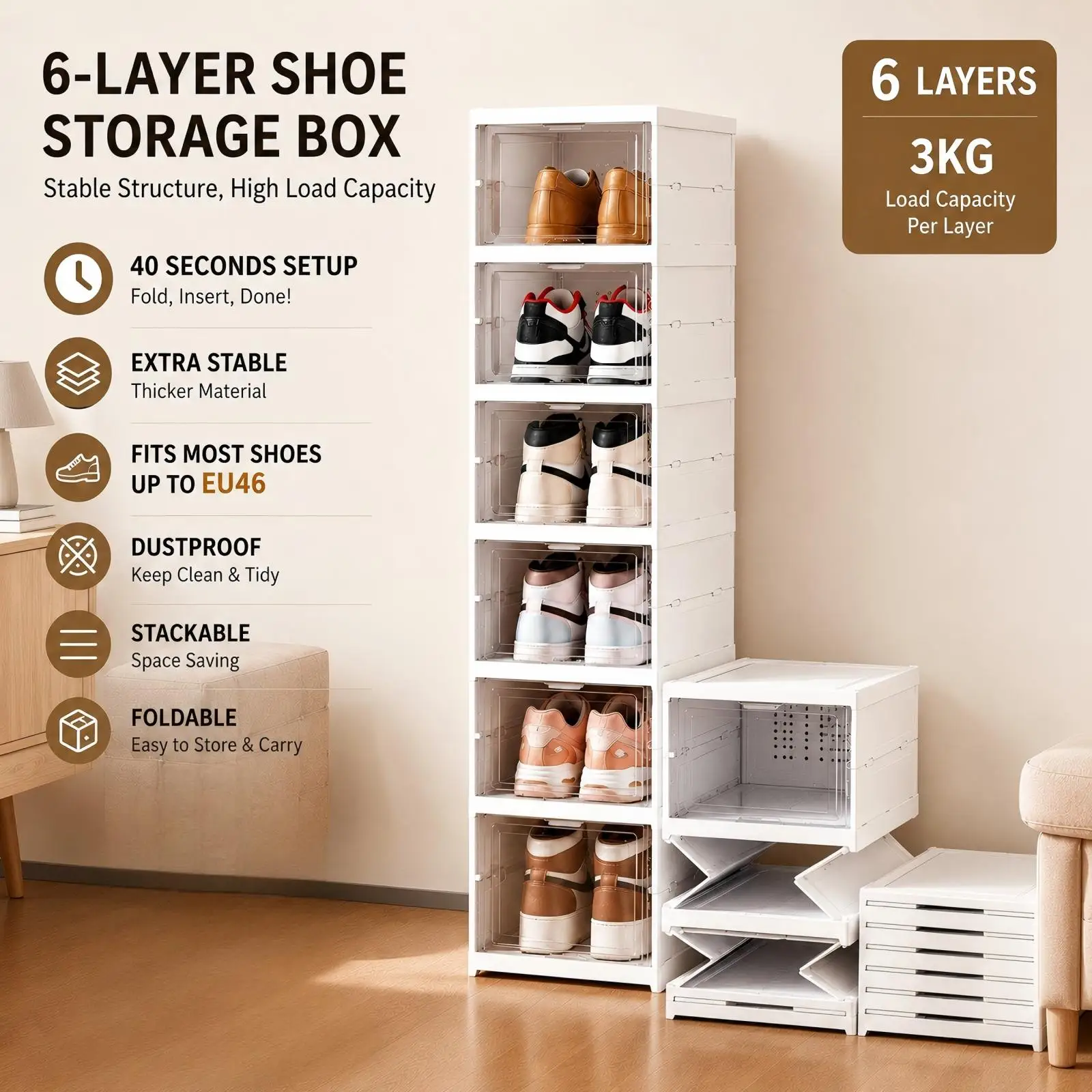 6 Layers Shoes Box Foldable Transparent Sneaker Shoe Storage Organizers Box Stackable Dustproof High-top Cabinet Shoe Rack Shelf