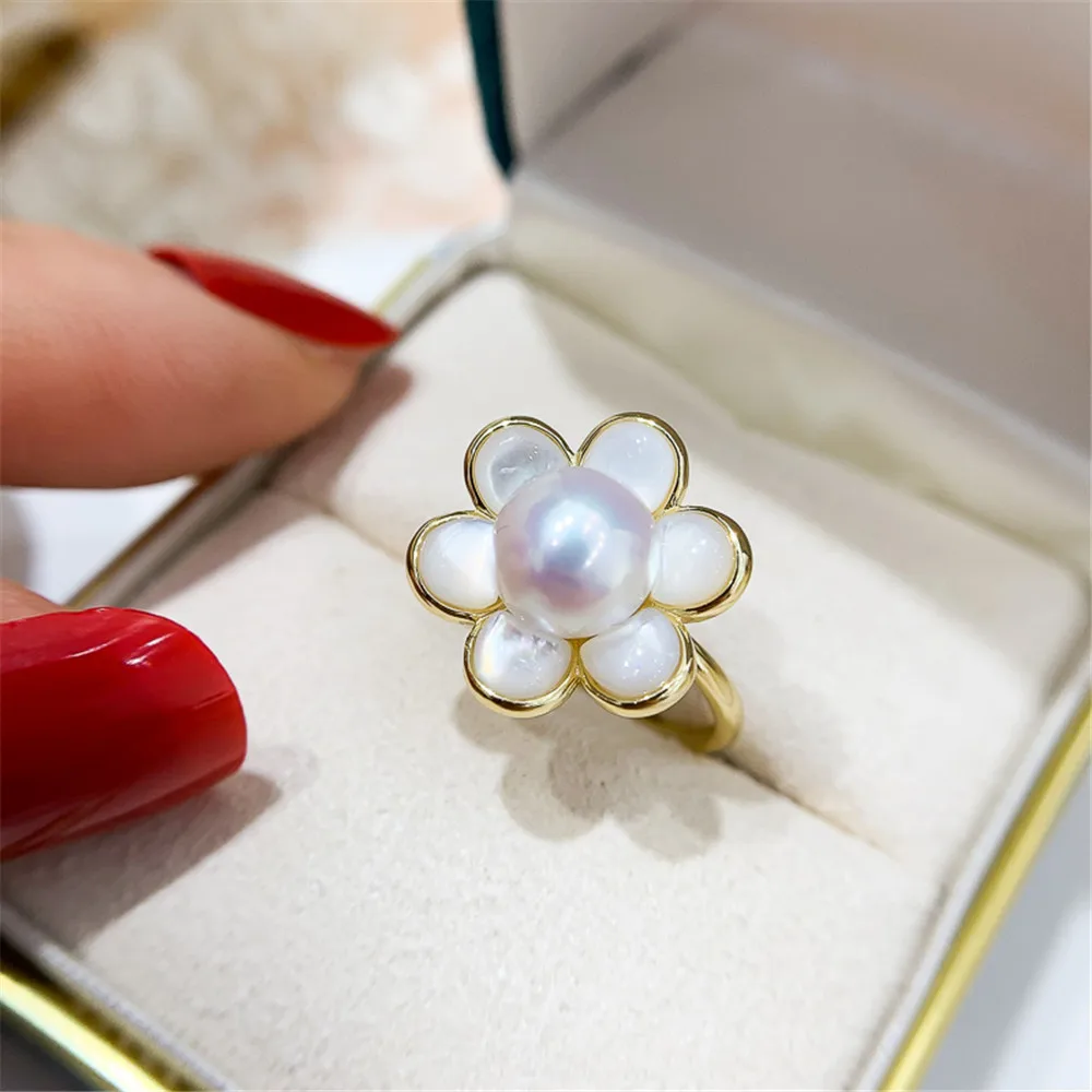 

DIY Pearl Accessories S925 Sterling Silver Jewelry Huabei Shell Pearl Ring Empty Set Female Fit 6-8mm Beads