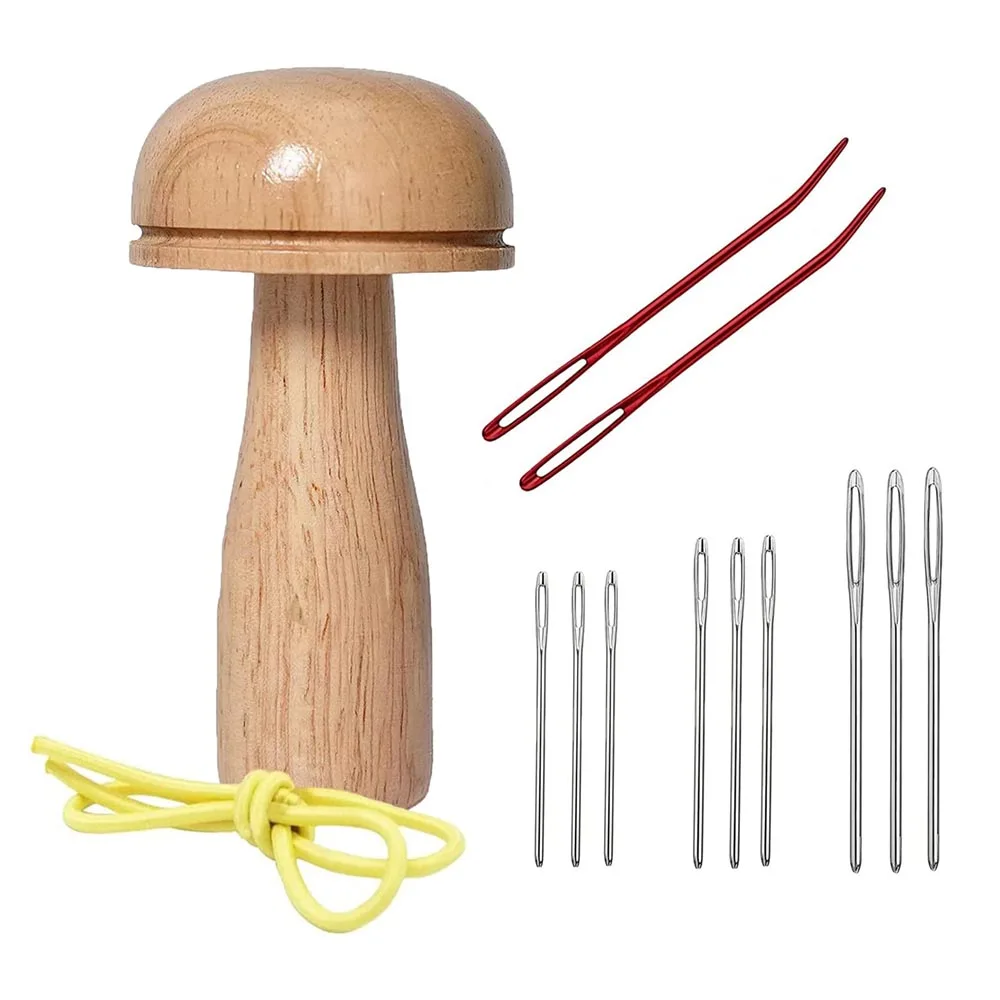 1Set Mushroom Cute Wooden Sewing Tool Repair with 9pcs Large Eye Needles&2pcs Aluminum Bent Tip Tapestry Needles