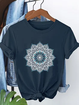 AWomen's Floral Mandala Print Short Sleeve T-Shirt Casual Round Neck Top with Teal Black Artwork Urban Style Printed T-Shirt 1