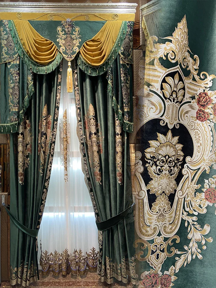 

Custom European luxury palace living room dark green high-grade royal velvet cloth blackout curtain tulle valance drape C1164