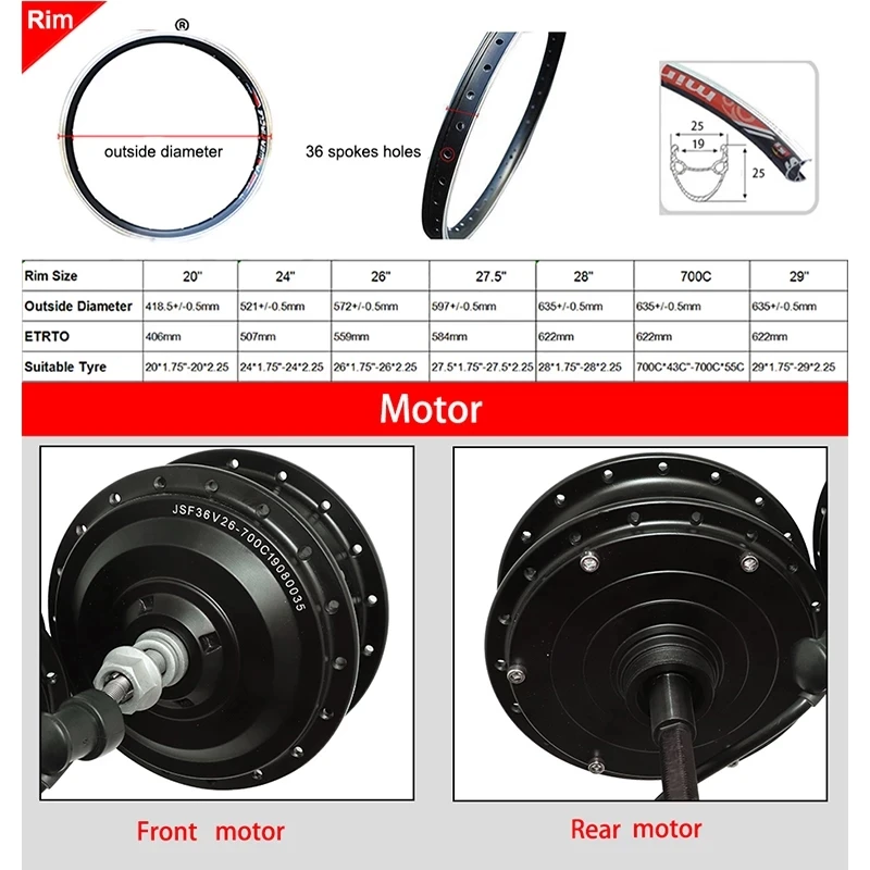 Motore Hub per E-bike 20-29 Pollici, Anteriore e Posteriore, 36V 48V, per Bici Elettrica, Kit di Conversione Bici Elettrica, Motore Brushless 9 Pin IP65 - immagine 4