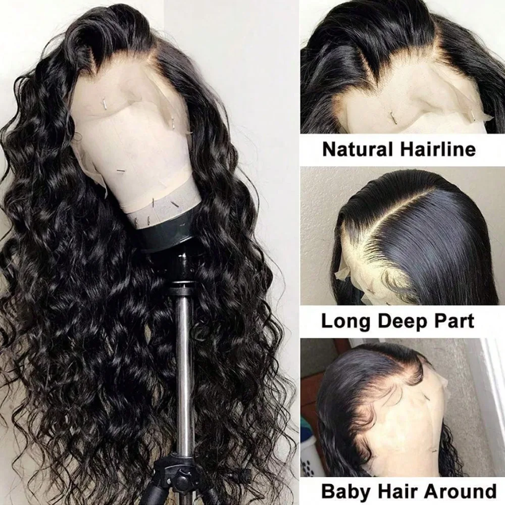 28 Inch 13x6 Deep Wave Lace Frontal Wig Natural Color Wigs Human Pre Plucked with Baby Hair for Black Women 200% Density