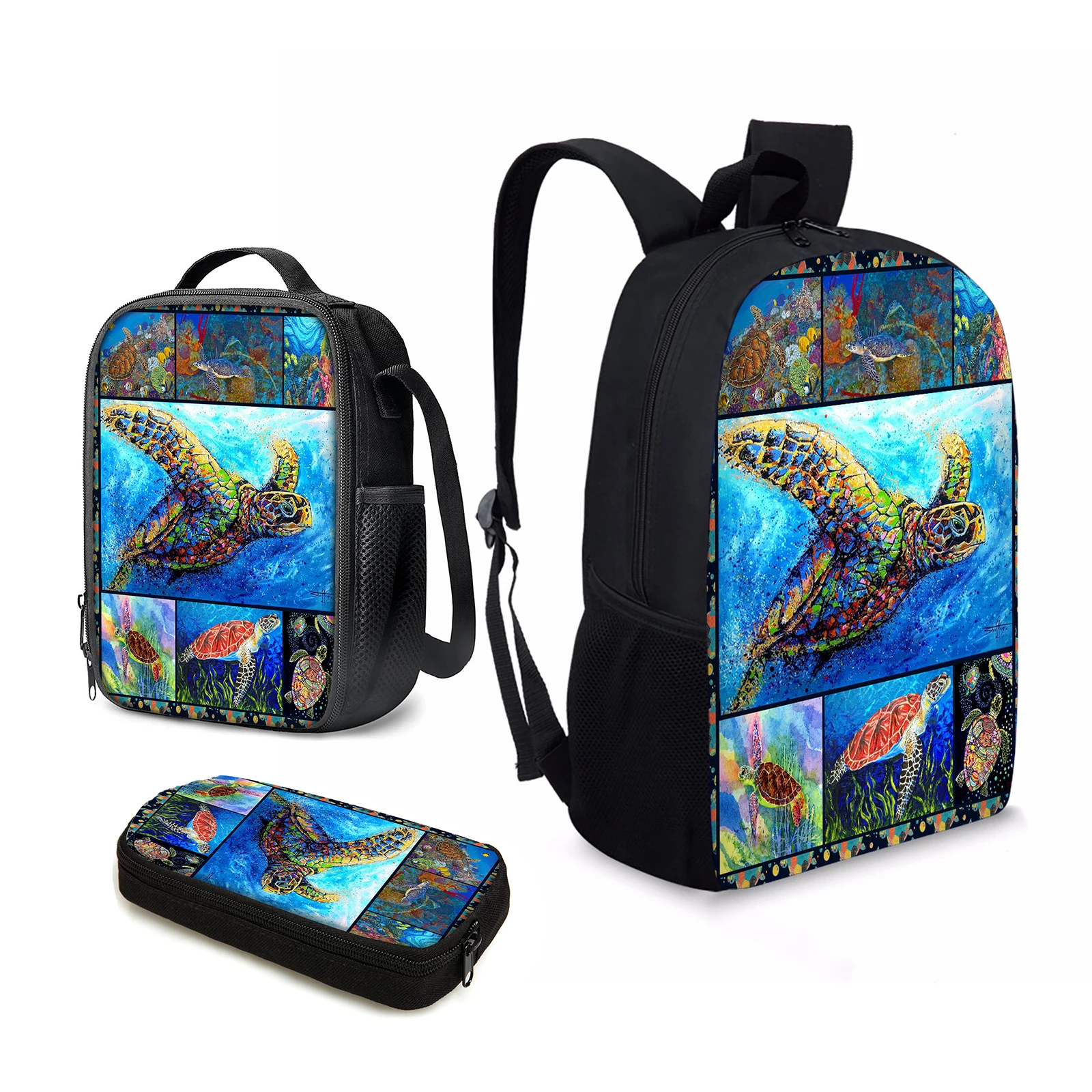 

YIKELUO Fashion Sea Turtle/Coral 3D Printing Teenage Laptop Backpack Animal Print Student Textbook Knapsack With Zip Lunch Bag