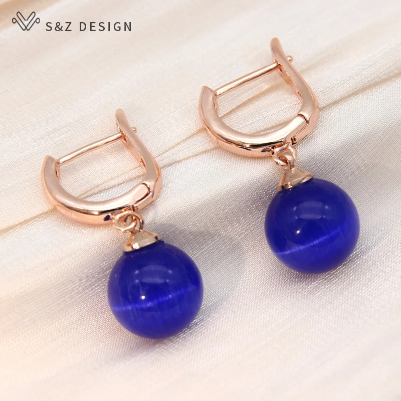 S&Z DESIGN New Fashion 585 Rose Gold Color Round Opals Cat's Eye Beads Drop Earrings For Women Wedding Party Trendy Jewelry