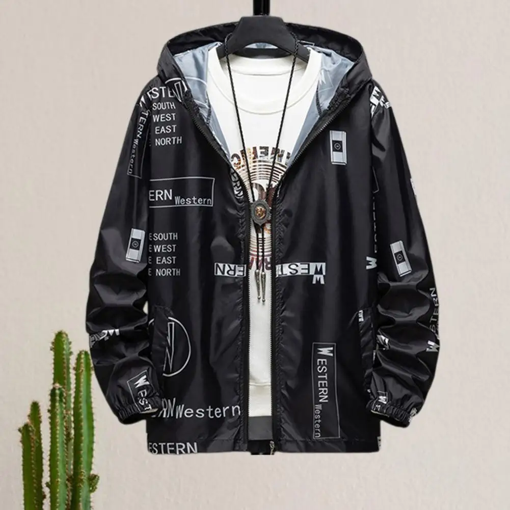 Sun Protection Coat Men's Sun Protection Hooded Jacket with Quick Drying Technology Zipper Placket Letter Print Long for Fishing