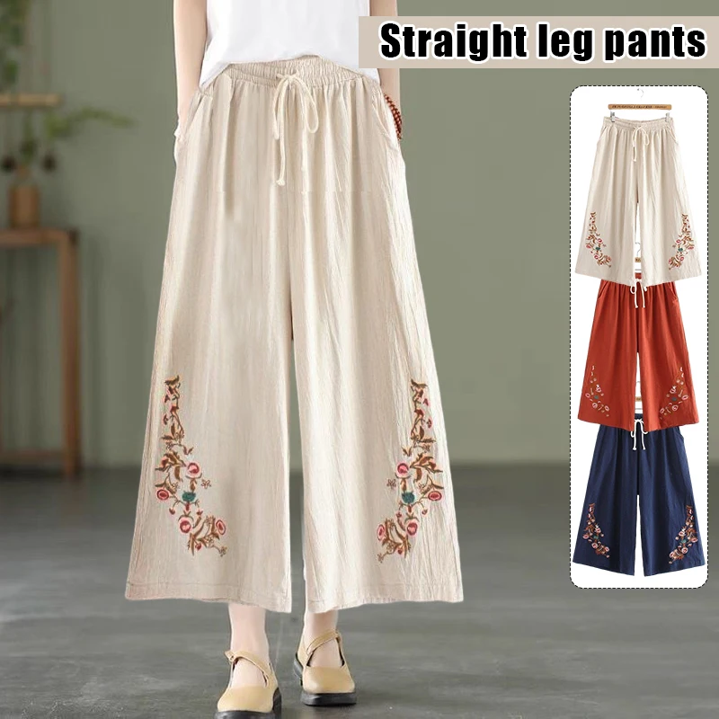 Embroidered Wide-Leg Pants Women's Summer Cotton Linen Style High-Waisted Loose Straight Casual Pants Soft Comfortable Trousers