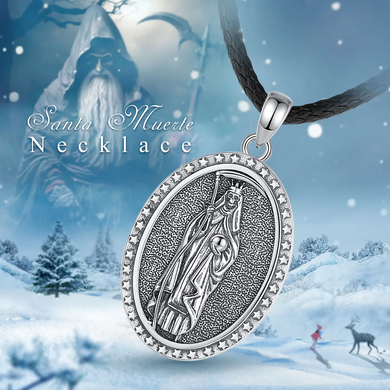Collier Gothique Père Noël Muerte En Acier Inoxydable – Pendentif Crâne Avec Faucille, Chaîne 55 Cm