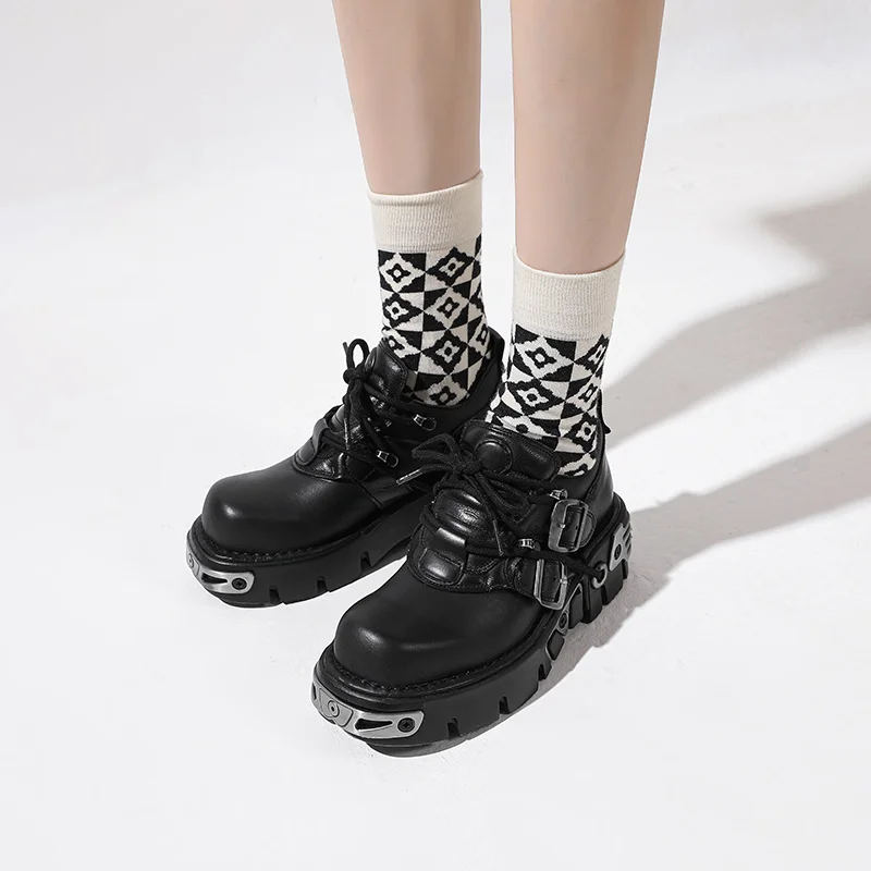 Dark Punk Thick Soled Shoes Gold Heavy Leather Low Top Sponge Cake Leather Shoes, Niche Design Gothic Cosplay Shoes