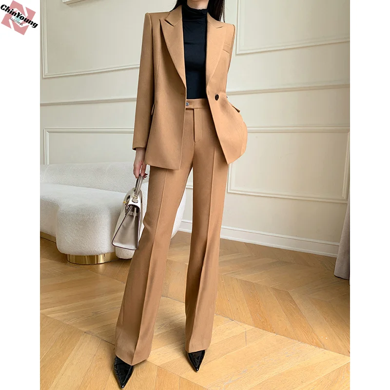 

Women Business Blazer Pants Suits Formal Autumn Goddess Office Trousers Khaki Slim Fit Tall Interview Work Wear Career Clothing
