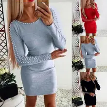 

O-Neck Long Sleeve Bodycon Dress Stretchy Beads Decor Solid Color Slim Women Dress Streetwear